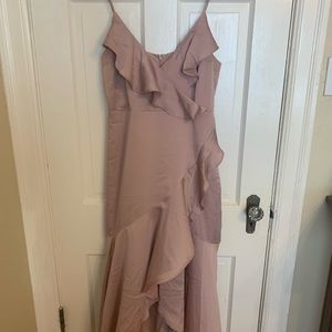 EXPRESS Satin Ruffle Wrap Hi-Lo Maxi Dress, Blushing Mauve color